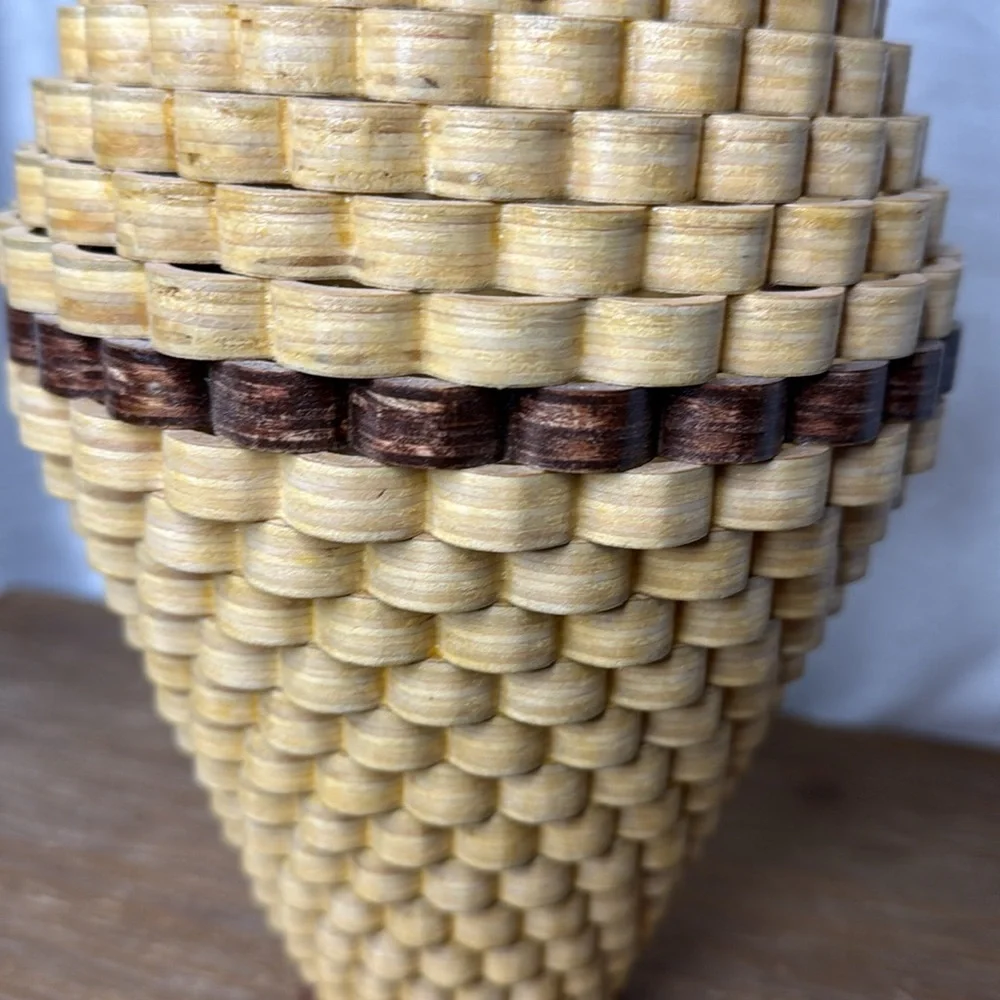 Handcrafted 9” Wooden Tornado Basket Vase Scalloped 2012 Signed Glazed